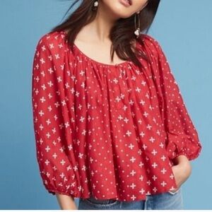 Anthropologie Kopal Red Luna Peasant Top Blouse Cotton India XS